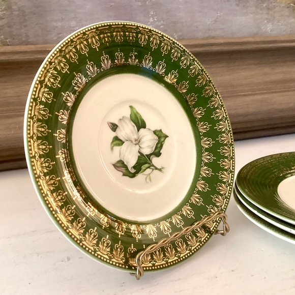 4 saucers American Limoges L'Triomphe Trillium Forest Green Dinnerware 22K Gold - Picture 5 of 9